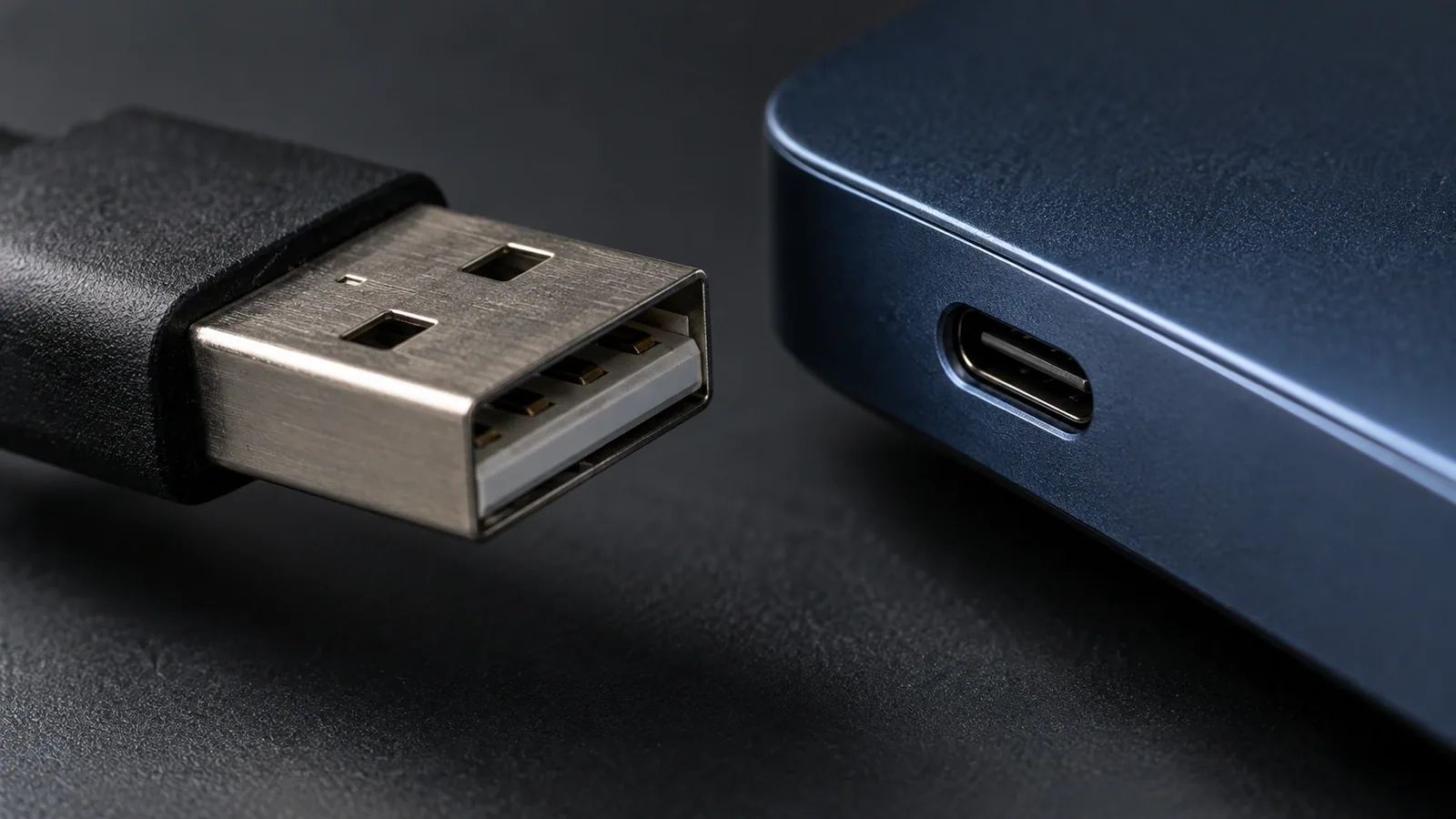 Close-up of a USB-A connector beside the USB-C port of a blue device