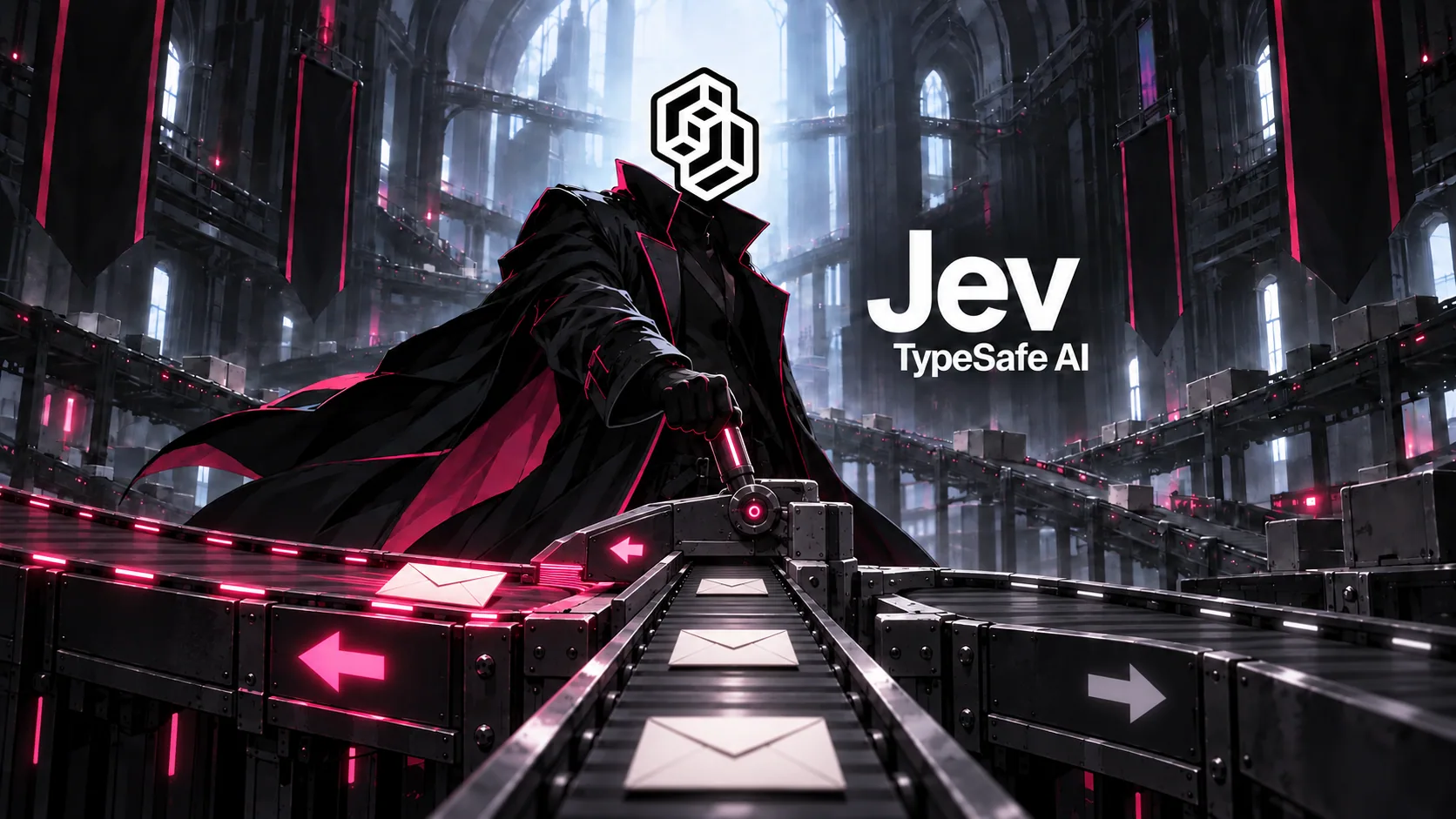Figura anime con il simbolo TypeSafe AI al posto della testa e il nome Jev, intenta a indirizzare una busta fra tre percorsi.