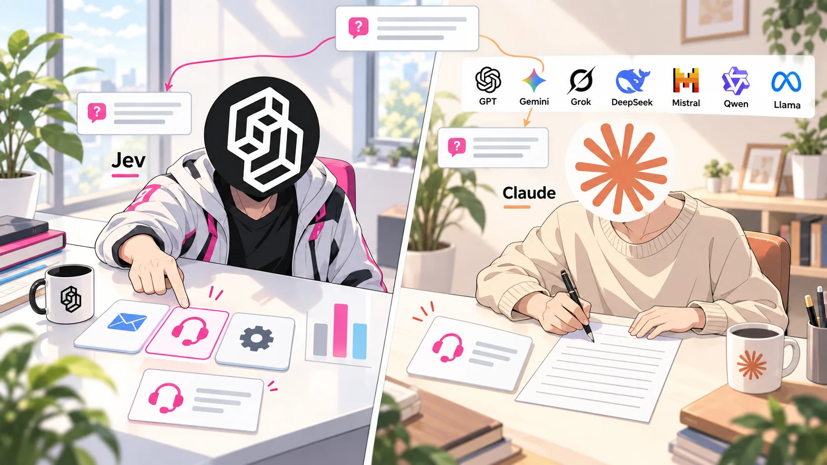 Tavola anime: Jev indica una scheda con cuffie accanto a tre barre; Claude ha la stessa scheda e scrive su un foglio. In alto compaiono i loghi delle altre AI.