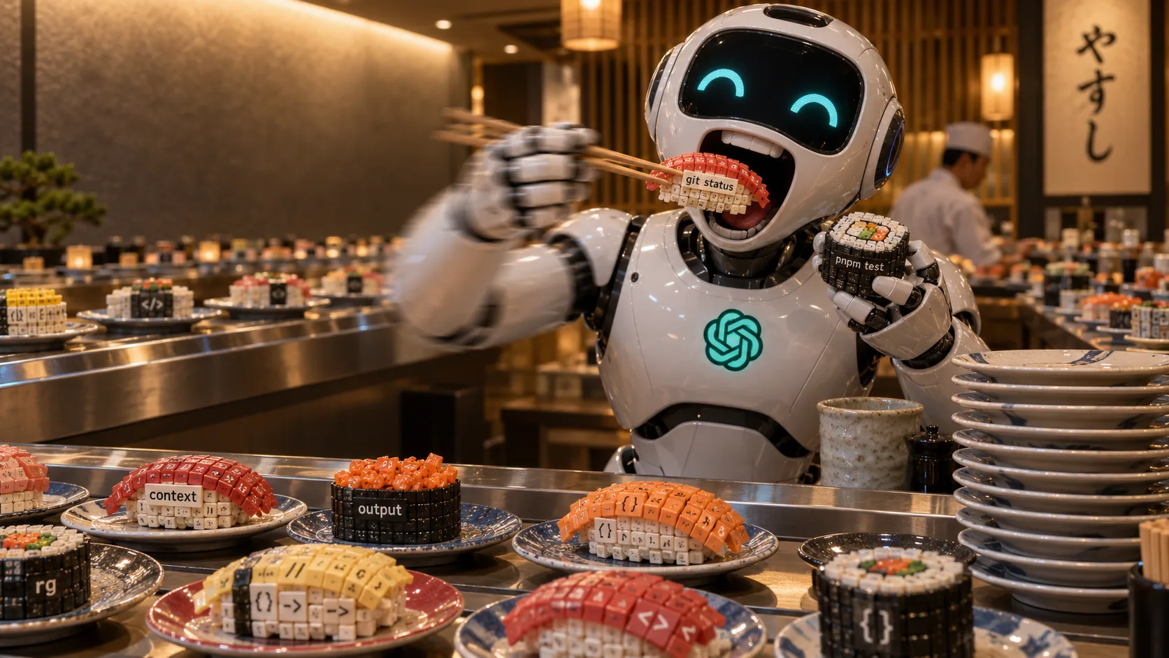 Robot con logo ChatGPT mangia rapidamente sushi composto da tasti e token su un nastro di ristorante giapponese.