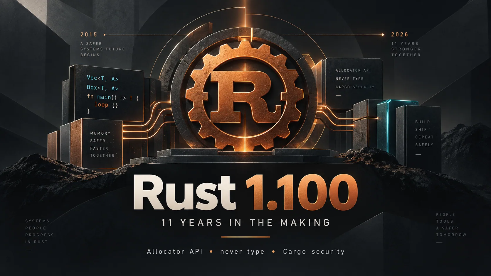 Illustrazione di Rust 1.100 con il logo Rust, riferimenti ad Allocator API, never type e sicurezza di Cargo, e una timeline dal 2015 al 2026.