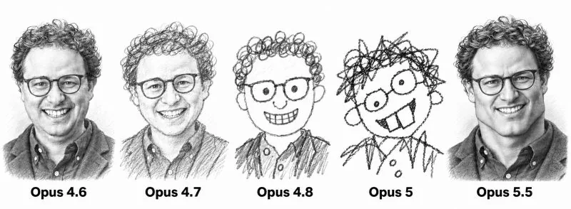 Five illustrated portraits representing Opus versions 4.6, 4.7, 4.8, 5 and 5.5
