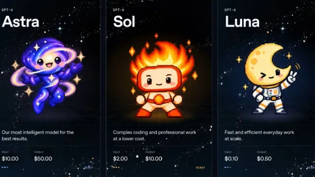 Illustrated cards for GPT-6 Astra, Sol and Luna with their input and output prices