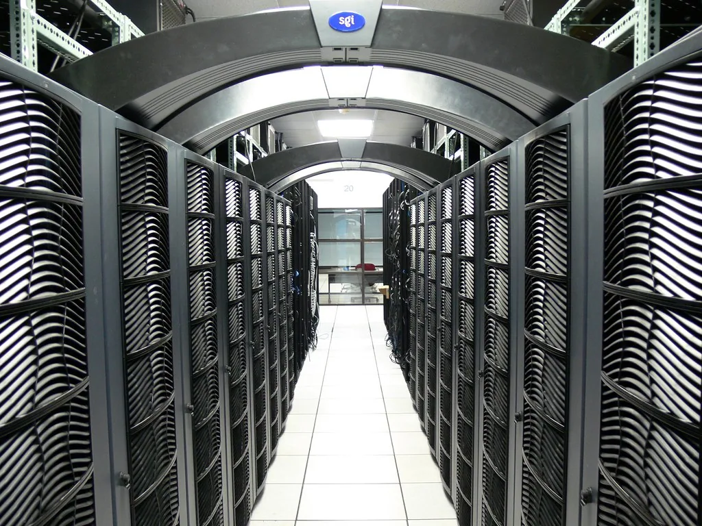 Rows of server racks inside a large data center hall