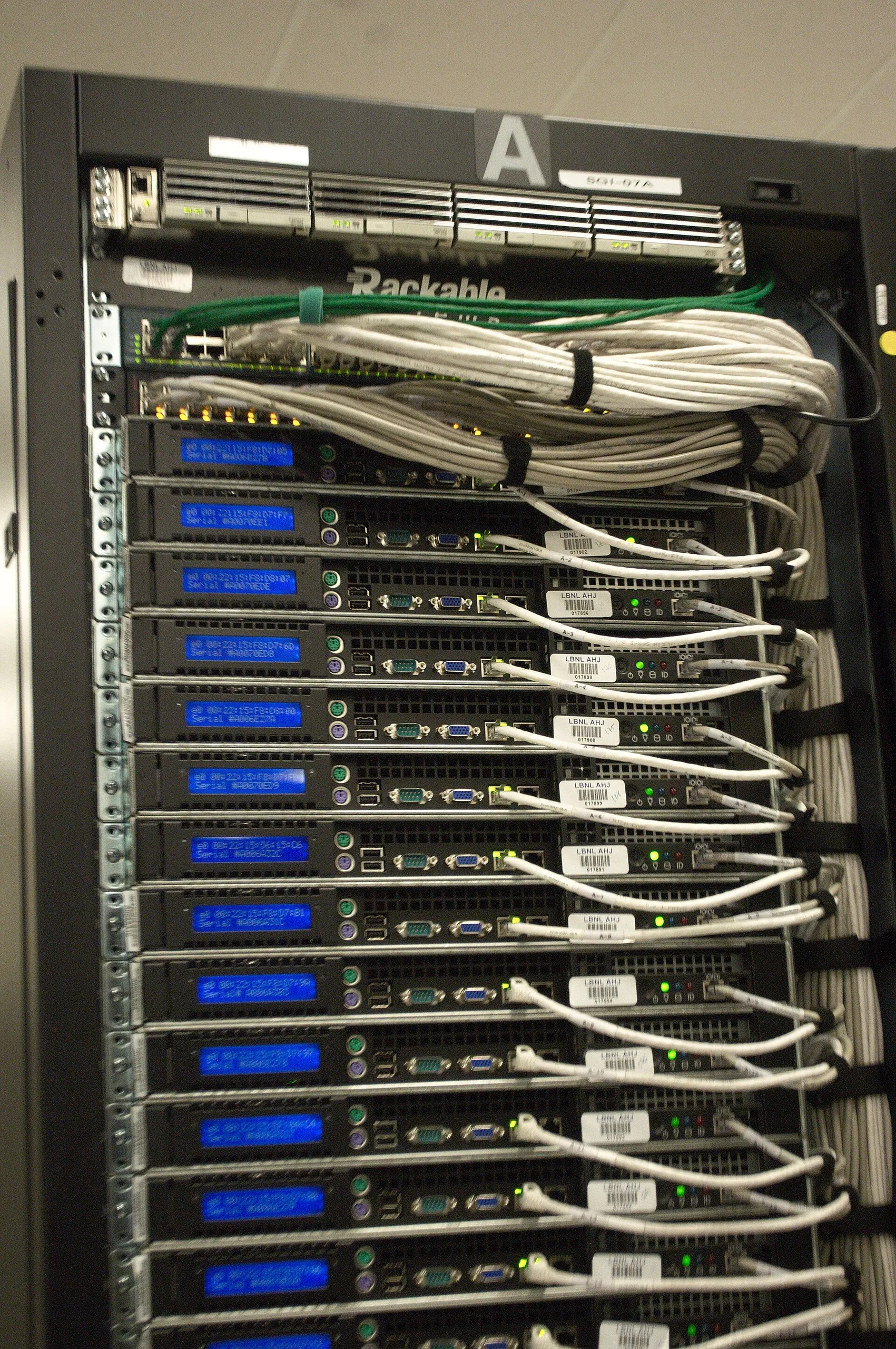 A server rack with network cabling in a data center